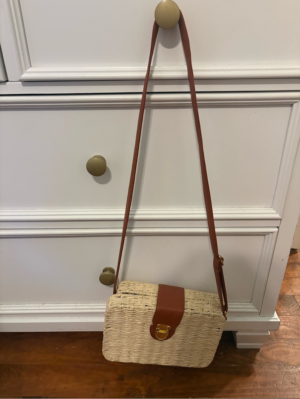 Woven Straw Crossbody Bag with Brown Leather Trim - Picture 3 of 3